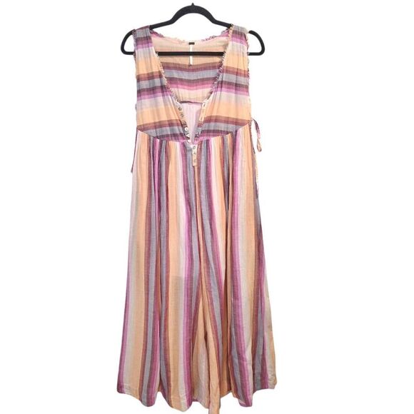 Free People Nora Jumpsuit Women's Medium Multicolor Striped Button V-Neck Sleeve - Picture 2 of 8